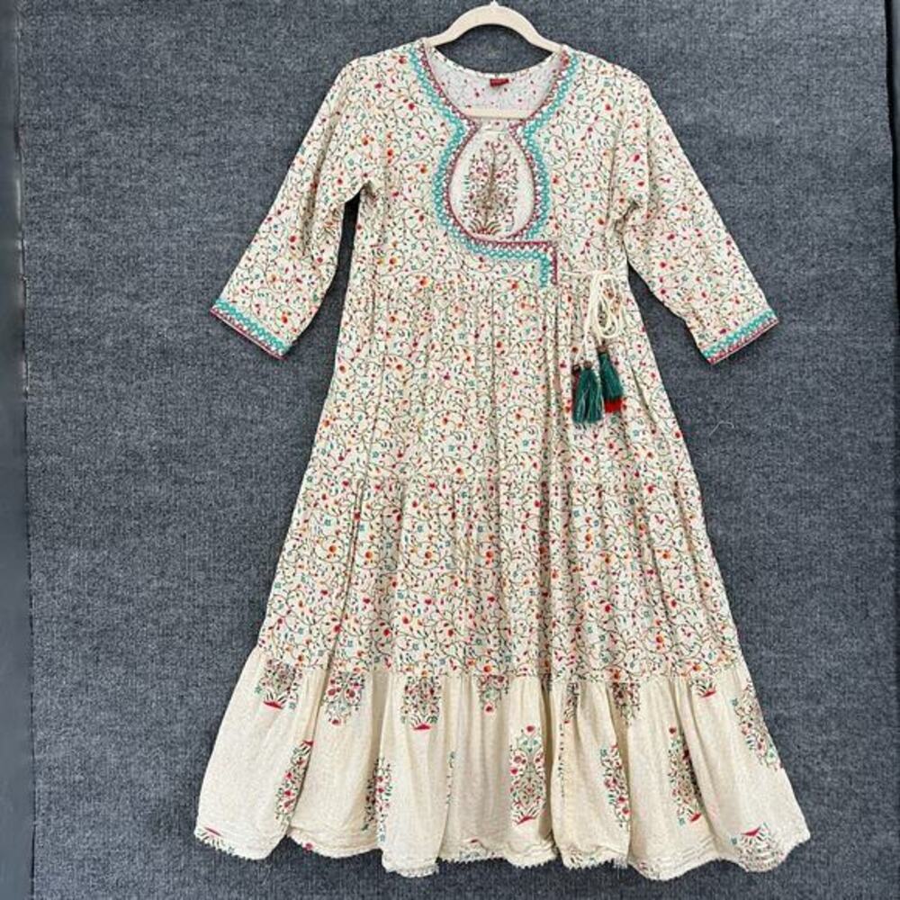 Krrish Womens Indian Dress Kurta Size Medium Floral Metallic Tassel Midi Cottage